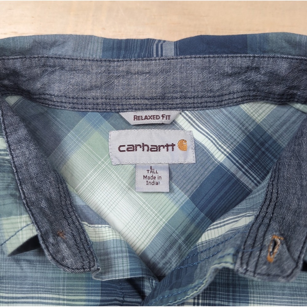 Carhartt Pearl Snap Shirt Mens Tall L 104443 DBL Long Sleeve Relaxed-Fit Plaid - Picture 2 of 8